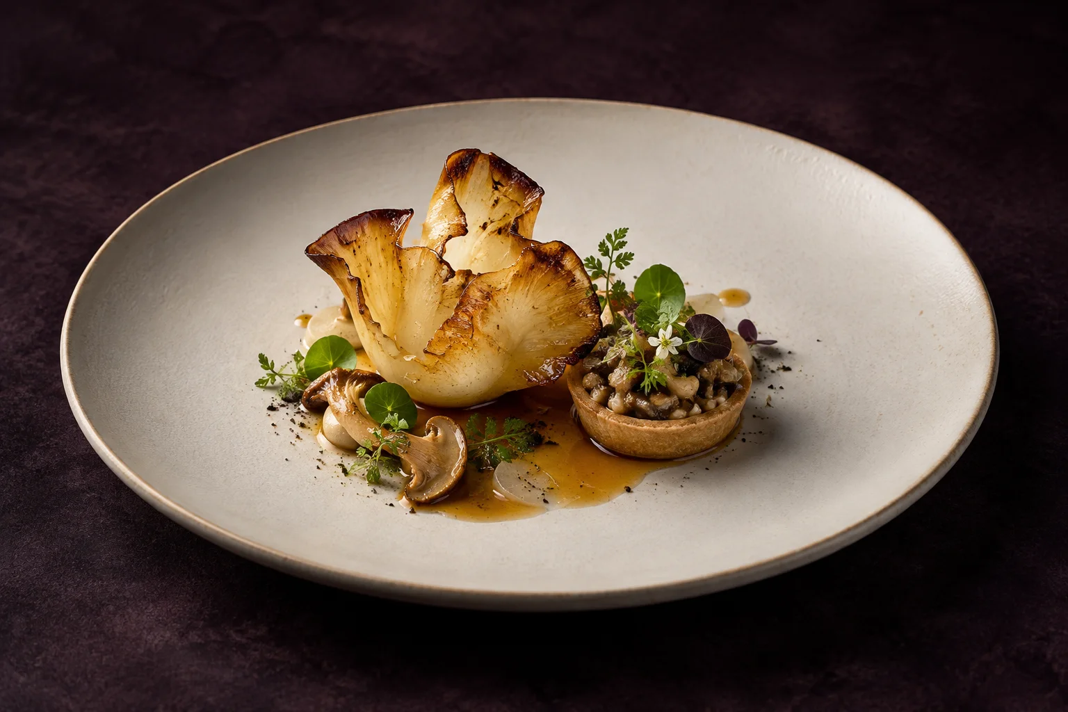 Composition gastronomique du concept Sauge : céleri rôti et tartelette de champignons
